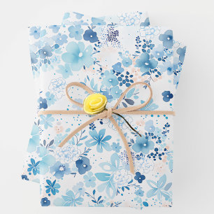 Bright Airy Blue Summer Floral Pattern Wrapping Paper Sheet