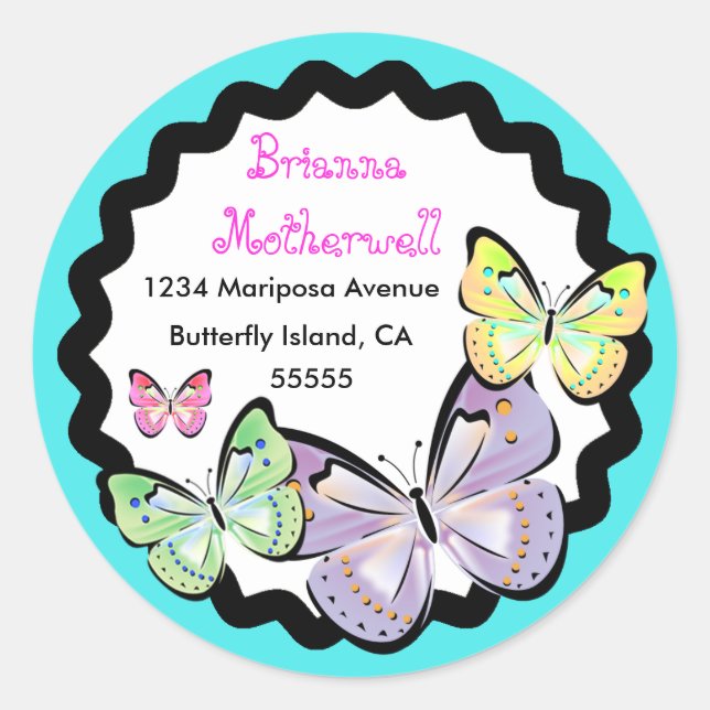 Bright and Beautiful Butterfly Address Label. Classic Round Sticker (Front)