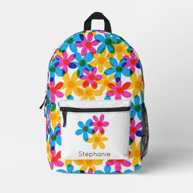 Bright and Bold Hippie Flowers Personalised Printed Backpack (Front)