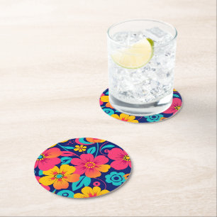 Bright and Bold Retro Flowers-Dopamine Style Round Paper Coaster