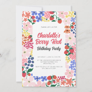 Bright and Bold Strawberry First Birthday Editable Invitation