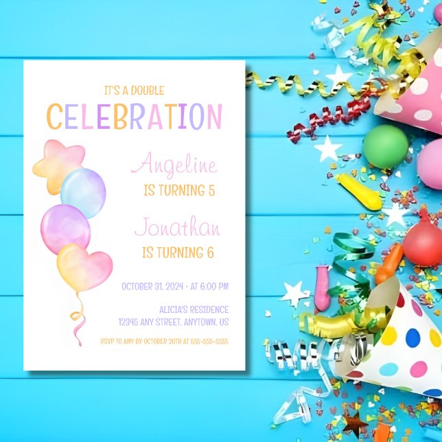 Bright And Colourful Balloon Joint Birthday Invitation (Creator Uploaded)