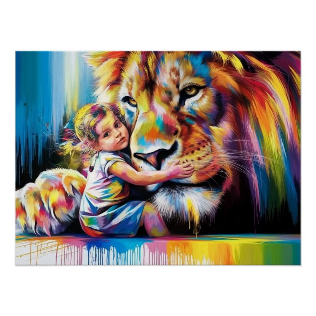 Bright and Colourful Lion Hug Digital Art - Vibran Poster (Front)