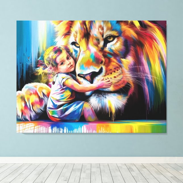  Bright and Colourful Lion Hug Digital Art Vibrant Canvas Print (Insitu(Wood Floor))