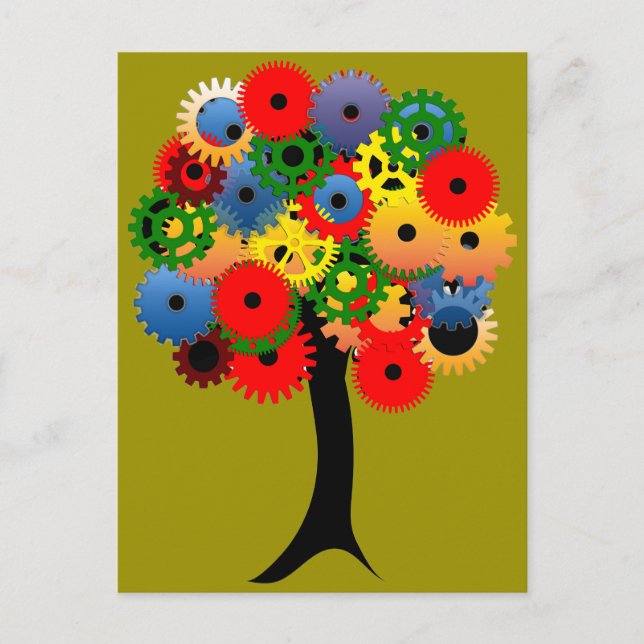 Bright and Colourful Mechanical Gear Tree Postcard (Front)
