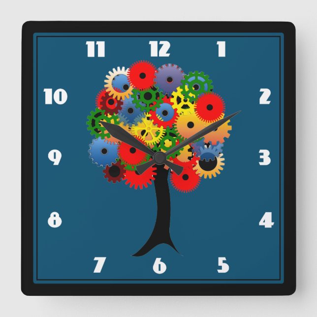Bright and Colourful Mechanical Gear Tree Square Wall Clock (Front)