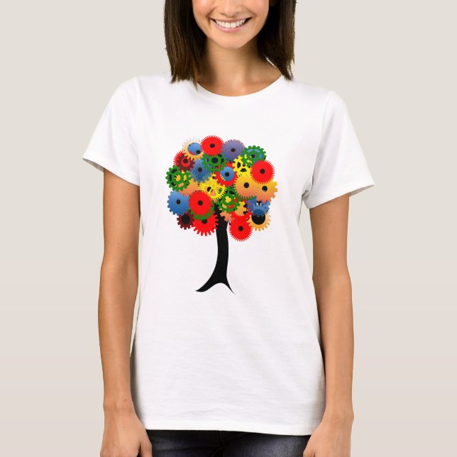 Bright and Colourful Mechanical Gear Tree T-Shirt (Front)
