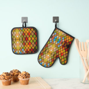 Bright and Colourful Stained Glass Pattern  Oven Mitt & Pot Holder Set