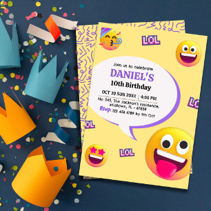 Bright and fun modern emoji themed 10th birthday invitation