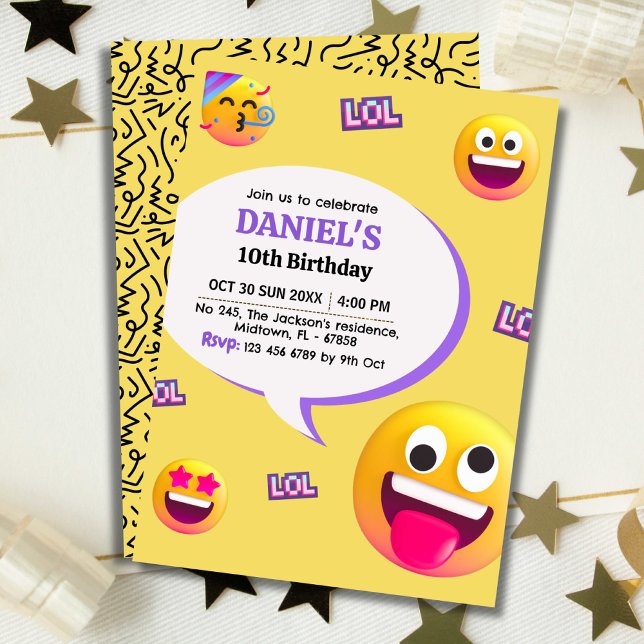 Bright and fun modern emoji themed 10th birthday invitation (Front/Back )