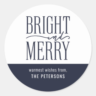 Bright and Merry Modern Festive Navy Blue Holiday Classic Round Sticker