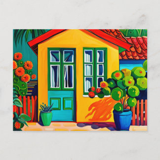 Bright and vivid painting of house holiday postcard