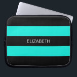 Bright Aqua Black Horiz Preppy Stripe #3 Monogram Laptop Sleeve<br><div class="desc">Bright Aqua and Black Classic Preppy Horizontal Rugby Stripes #3 Name Monogram A stylish bold horizontal stripe pattern with a template for your name, initials or other text. You can also customise the text font and size, move or remove the text, add additional text fields, add your own images and...</div>