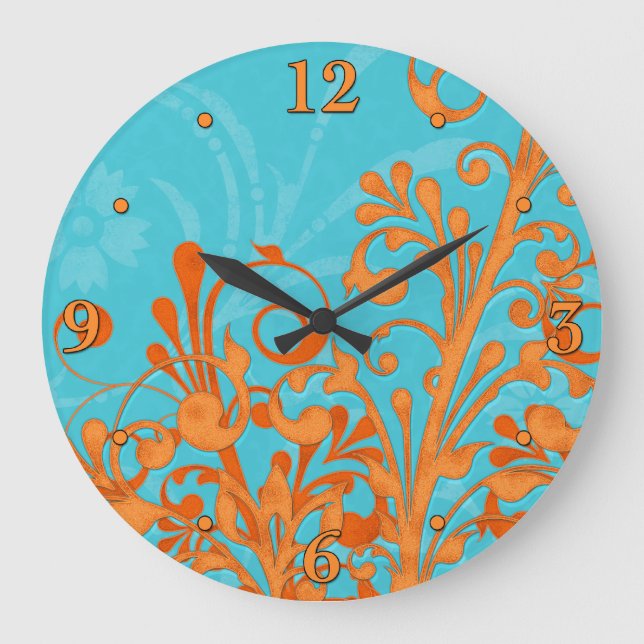Bright Aqua Blue and Orange Floral Wall Clock (Front)