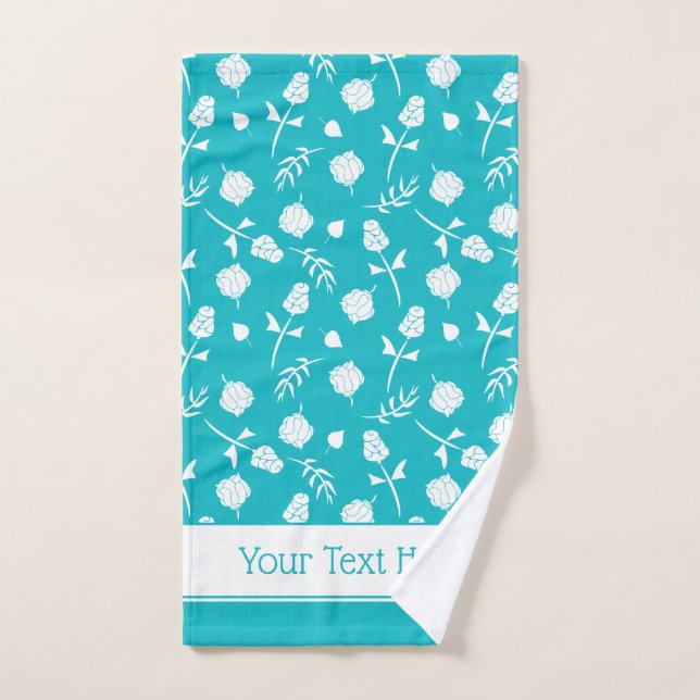 Bright Aqua Blue and White Rosebud Floral Pattern Bath Towel Set (Hand Towel)