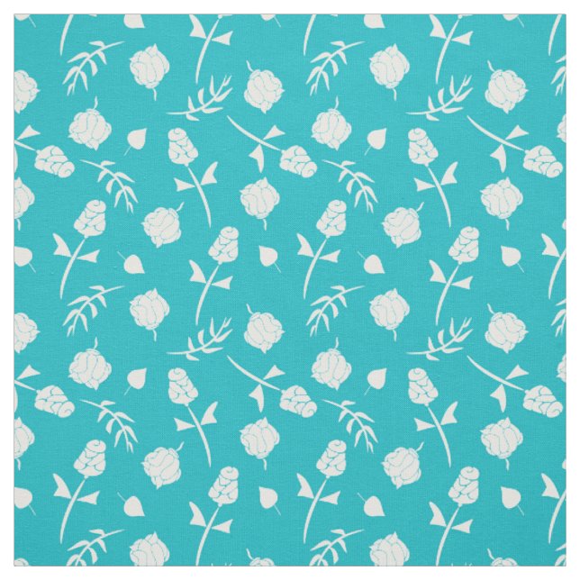 Bright Aqua Blue and White Rosebud Floral Pattern Fabric (Swatch)