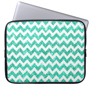 Bright Aqua Blue Faux Glitter White Chevron Girly Laptop Sleeve