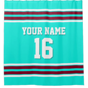 Bright Aqua Burgundy White Stripes Sports Jersey Shower Curtain