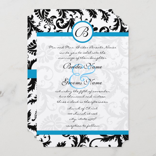 Bright Aqua Damask Floral Swirls Wedding  Invitation (Front/Back)