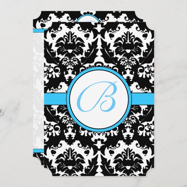 Bright Aqua Damask Heart Swirls Wedding Invitation (Front/Back)