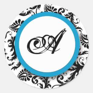 Bright Aqua Damask Monogram Wedding Stickers