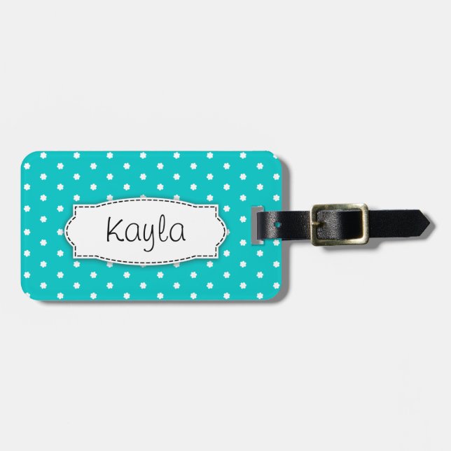 Bright aqua flower polka dots named luggage tag (Front Horizontal)