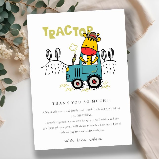 Bright Aqua Giraffe In Farm Tractor Boys Birthday Thank You Card (Creator Uploaded)