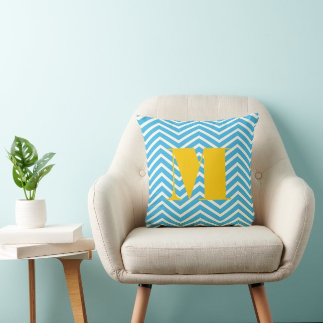 Bright Aqua Ivory and Grey Monogram Zig Zag Cushion (Chair)