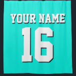 Bright Aqua White Sports Jersey Team Jersey Shower Curtain<br><div class="desc">Preppy Solid Colour Team Jersey / Sports Jersey / Football Jersey / Rugby Jersey with Custom Name Customise this with your own name or team name and a number. You can change the size, colour and placement of the text if you need to make changes, change the colour of or...</div>
