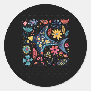Bright Artistic Illustration Of Fish With Flowers  Classic Round Sticker