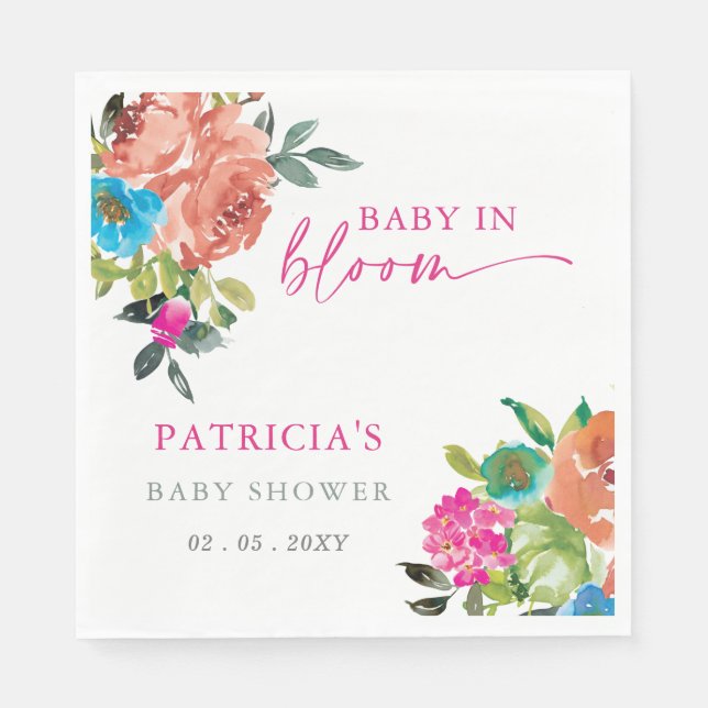 Bright Baby in Bloom Pink Floral Girl Baby Shower Napkin (Front)