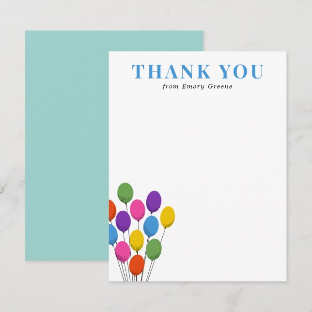 Bright Balloons Birthday Thank You Note Card (Front/Back)