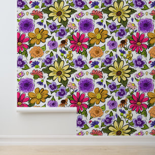 Bright Beautiful Boho Flowers Large Repeat Wallpaper