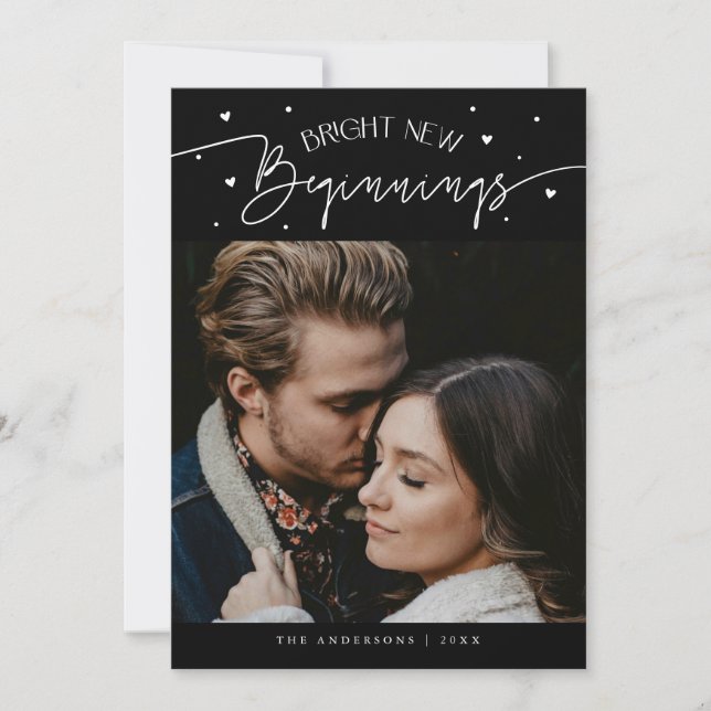 Bright Beginnings New Year Black Photo  Holiday Card (Front)