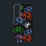 Bright Bicycles Pattern Monogram Samsung Galaxy Case<br><div class="desc">Here's a fun case that any bicyclist would love! Brightly coloured red,  blue,  purple and green bicycles are scattered across a black background. Your two letter monogram stands out in white.</div>