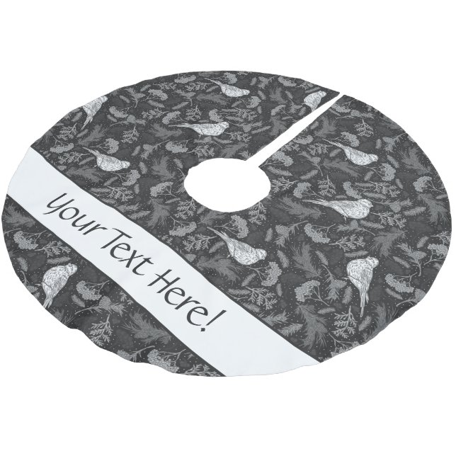 Bright Black and Winter White Birds Floral Pattern Brushed Polyester Tree Skirt (Angled)