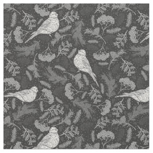 Bright Black and Winter White Birds Floral Pattern Fabric