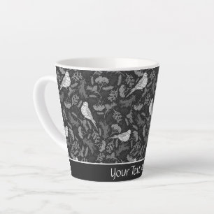Bright Black and Winter White Birds Floral Pattern Latte Mug