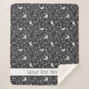 Bright Black and Winter White Birds Floral Pattern Sherpa Blanket