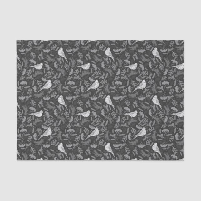Bright Black and Winter White Birds Floral Pattern Tissue Paper (Front)