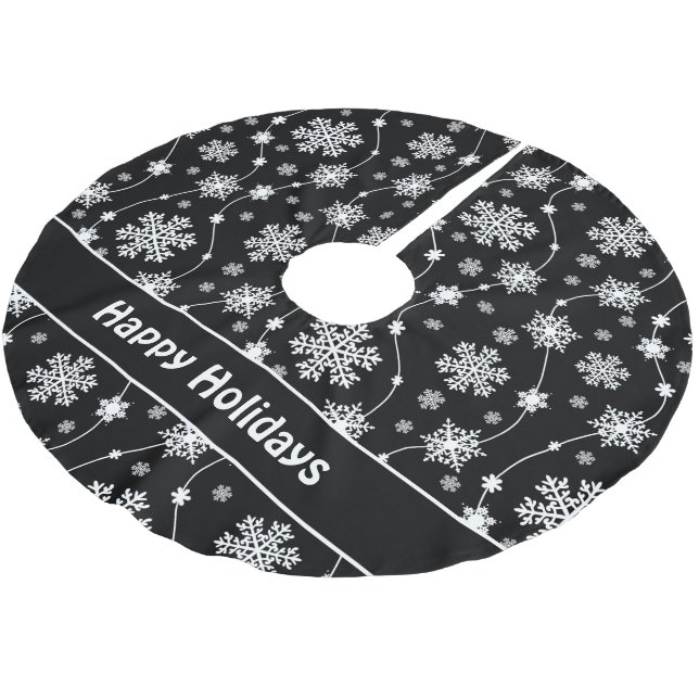 Bright Black and Winter White Snowflake Monogram Brushed Polyester Tree Skirt (Angled)