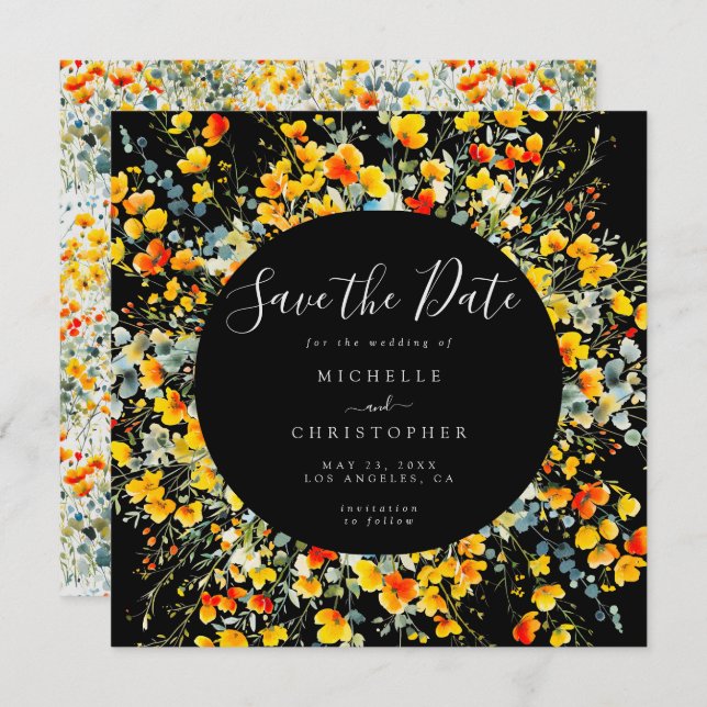 Bright Black Floral Square Wedding Save The Date (Front/Back)