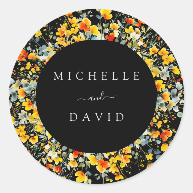 Bright Black Floral Watercolor Wedding Classic Round Sticker (Front)