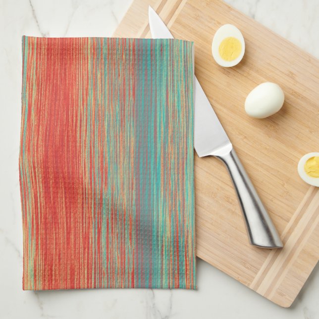 Bright Blended Stripe Line Red Turquoise Mauve  Tea Towel (Quarter Fold)