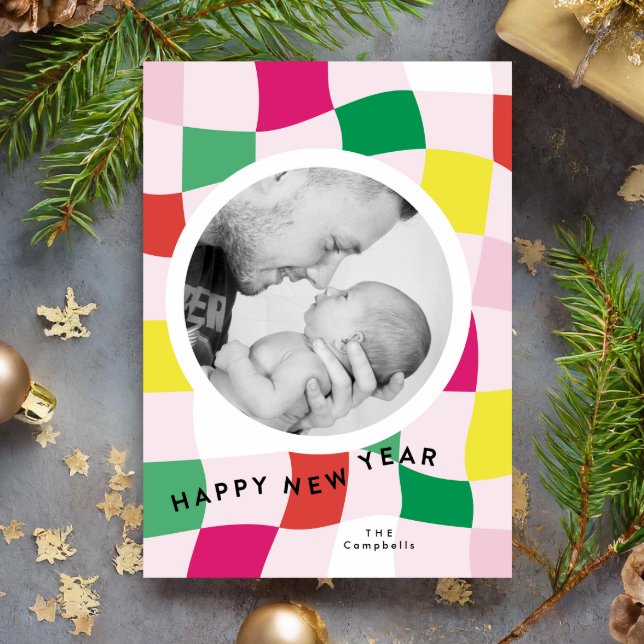 Bright Blocks Modern Plaid Happy New Year  Photo Holiday Card (Creator Uploaded)