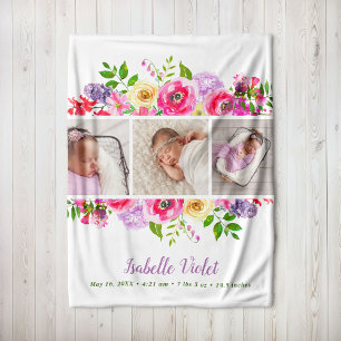 Bright Blooms 3 Photo Baby Name Fleece Blanket