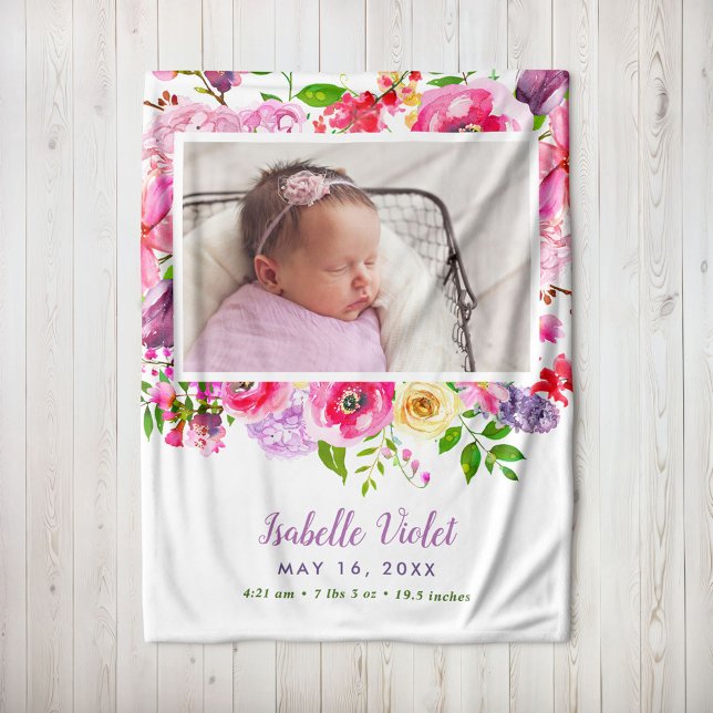 Bright Blooms Baby Girl Birth Stat Photo Fleece Blanket (Creator Uploaded)