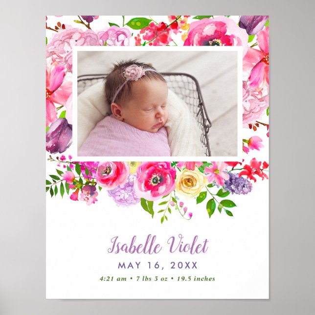 Bright Blooms Baby Girl Birth Stat Photo Poster (Front)