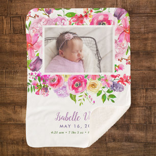 Bright Blooms Baby Girl Birth Stat Photo Sherpa Blanket