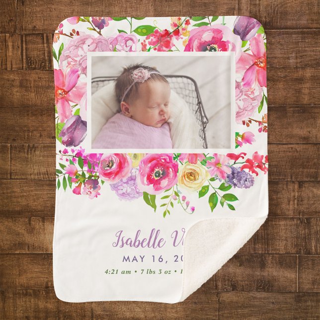 Bright Blooms Baby Girl Birth Stat Photo Sherpa Blanket (Creator Uploaded)